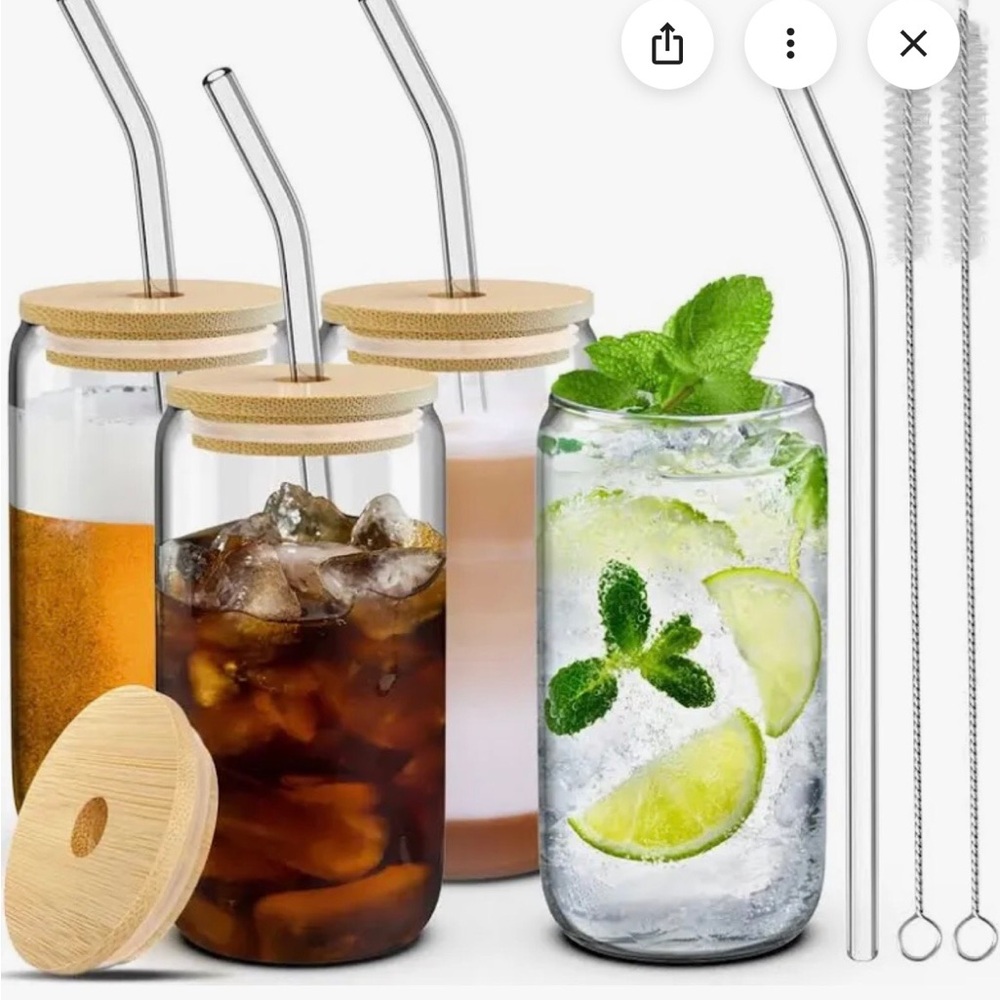 Reusable Clear Glass Drinking Jars with Bamboo Lids and Stainless Straws - Clear